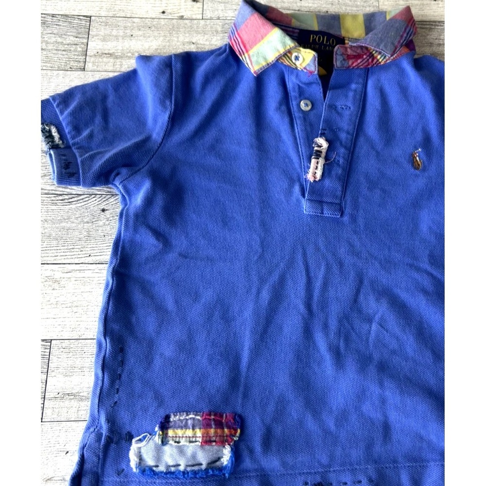 Polo Ralph Lauren Boys Distressed Patchwork Madras Plaid‎ Pique Blue Shirt 3T